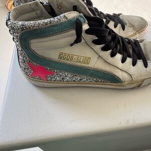 Golden Goose White and Teal Sneakers with Pink Star